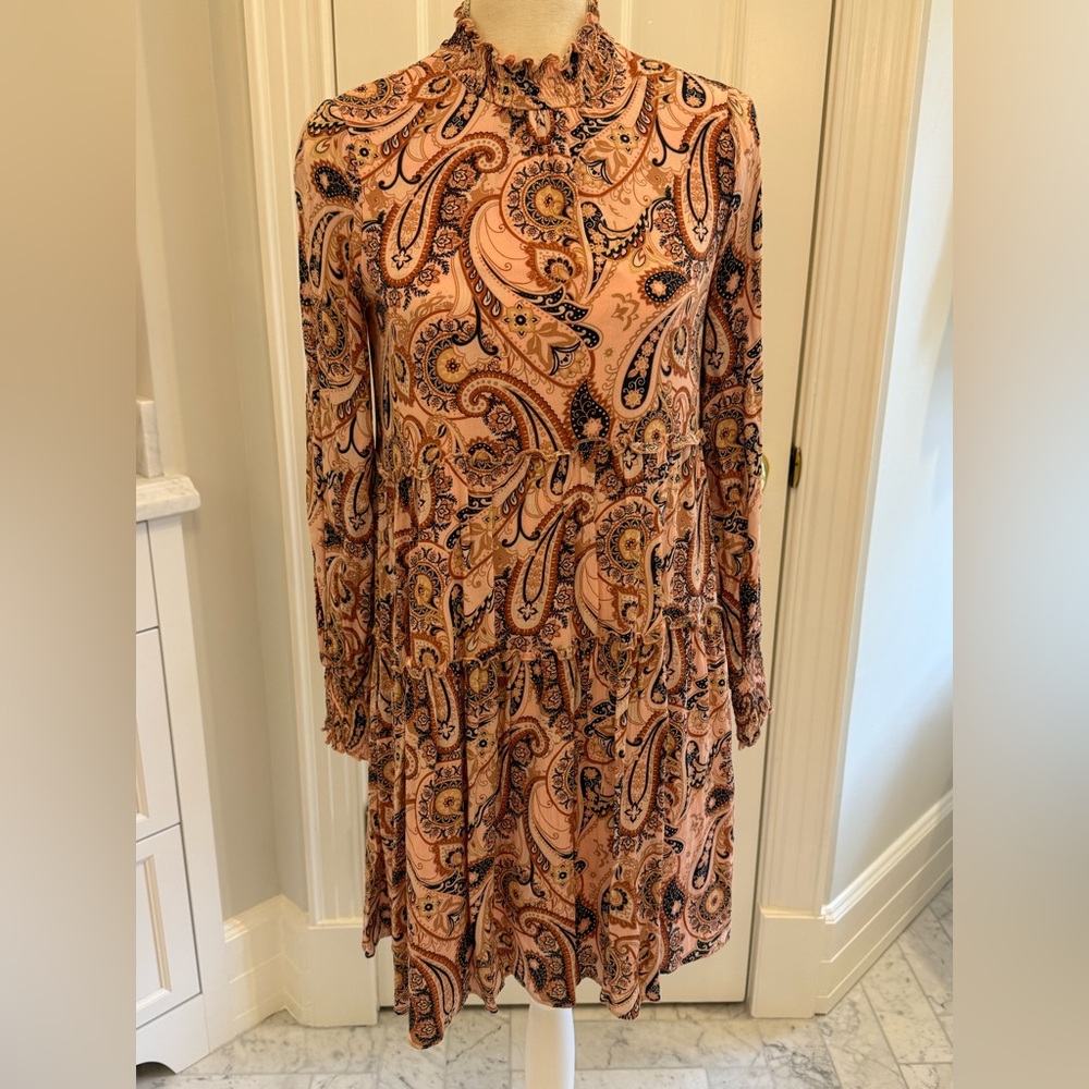 Anthropologie Peach and Black Paisley Long Sleeve Dress